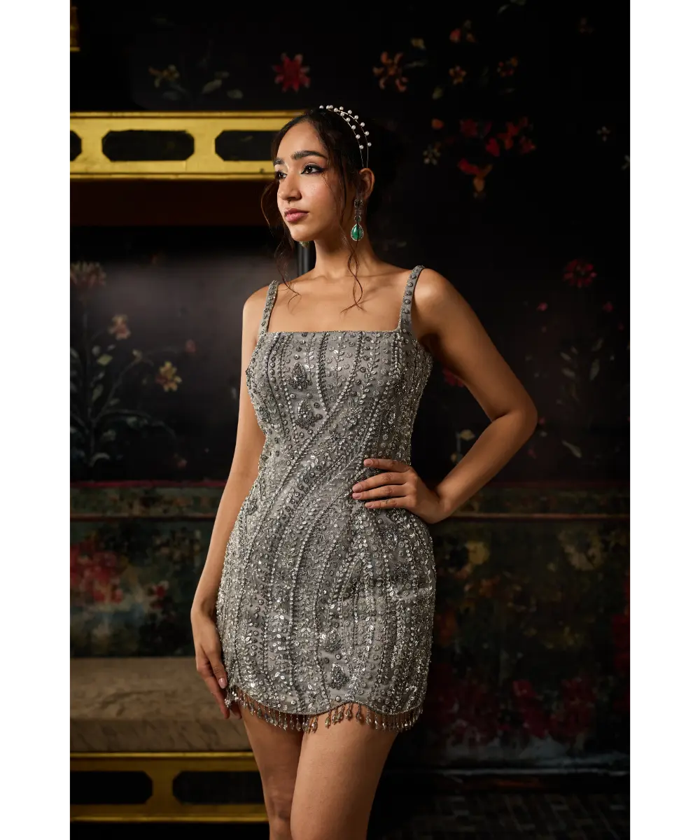 DIYARAJVVIR - GREY GUNMETAL SWIRL EMBELLISHED MINI DRESS