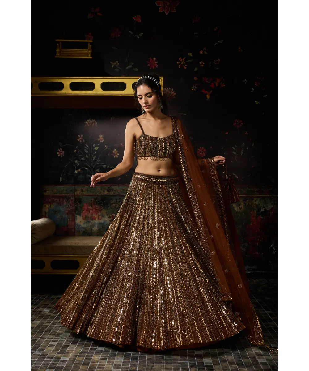 DIYARAJVVIR - METALLIC GOLD EMBELLISHED MIRRORWORK LEHENGA SET