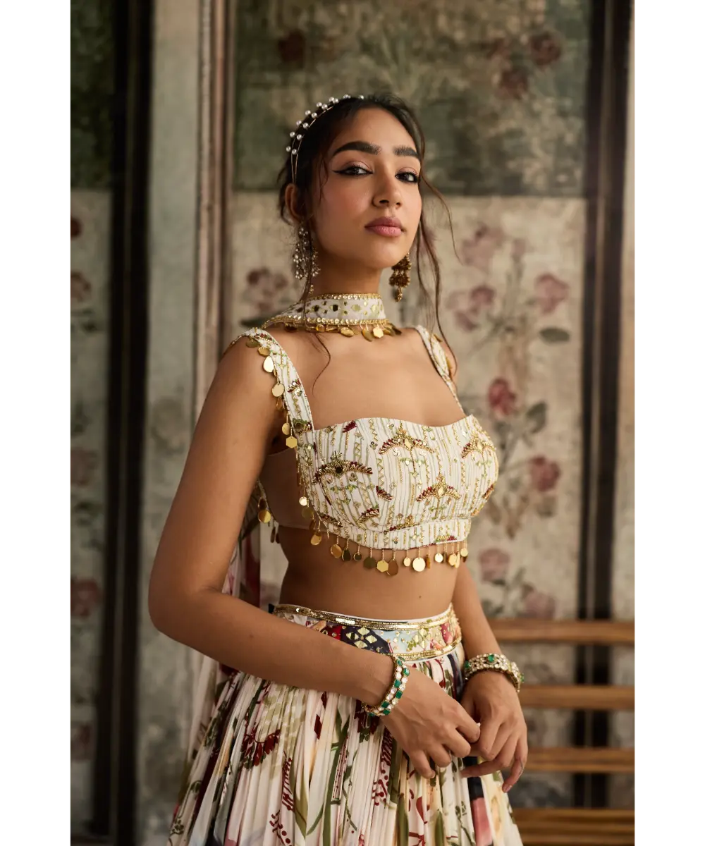 DIYARAJVVIR - IVORY FLORAL PRINT AND HIGHLIGHTED LEHENGA SET