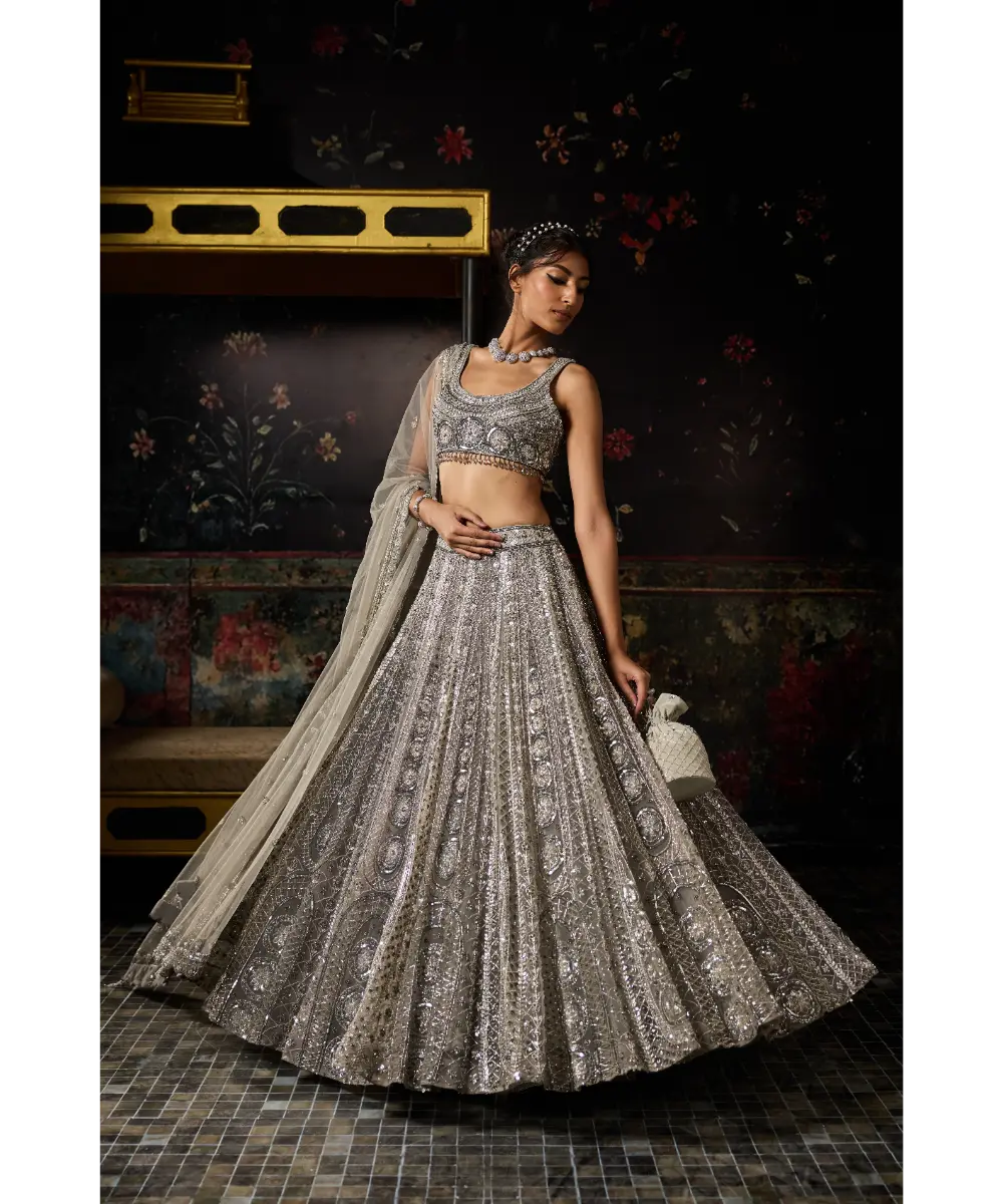 SILVER FULLY EMBELLISHED LONG TRAIL LEHENGA SET