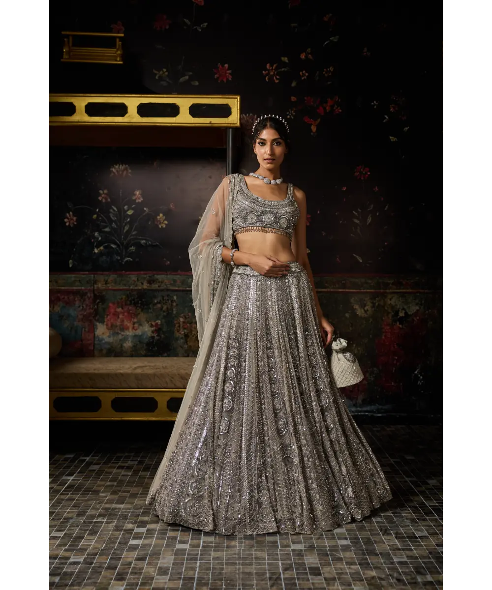 SILVER FULLY EMBELLISHED LONG TRAIL LEHENGA SET
