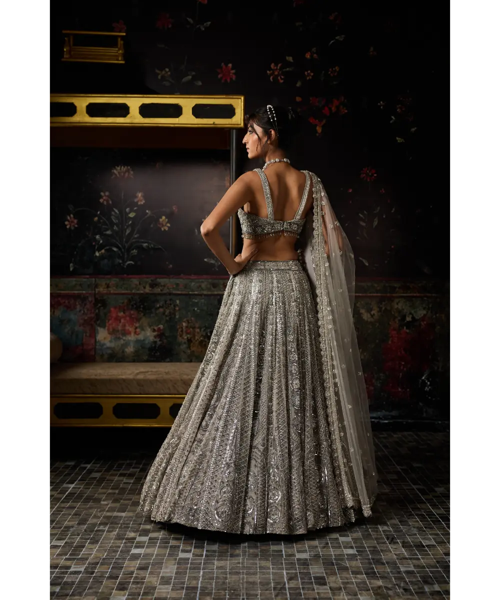 SILVER FULLY EMBELLISHED LONG TRAIL LEHENGA SET