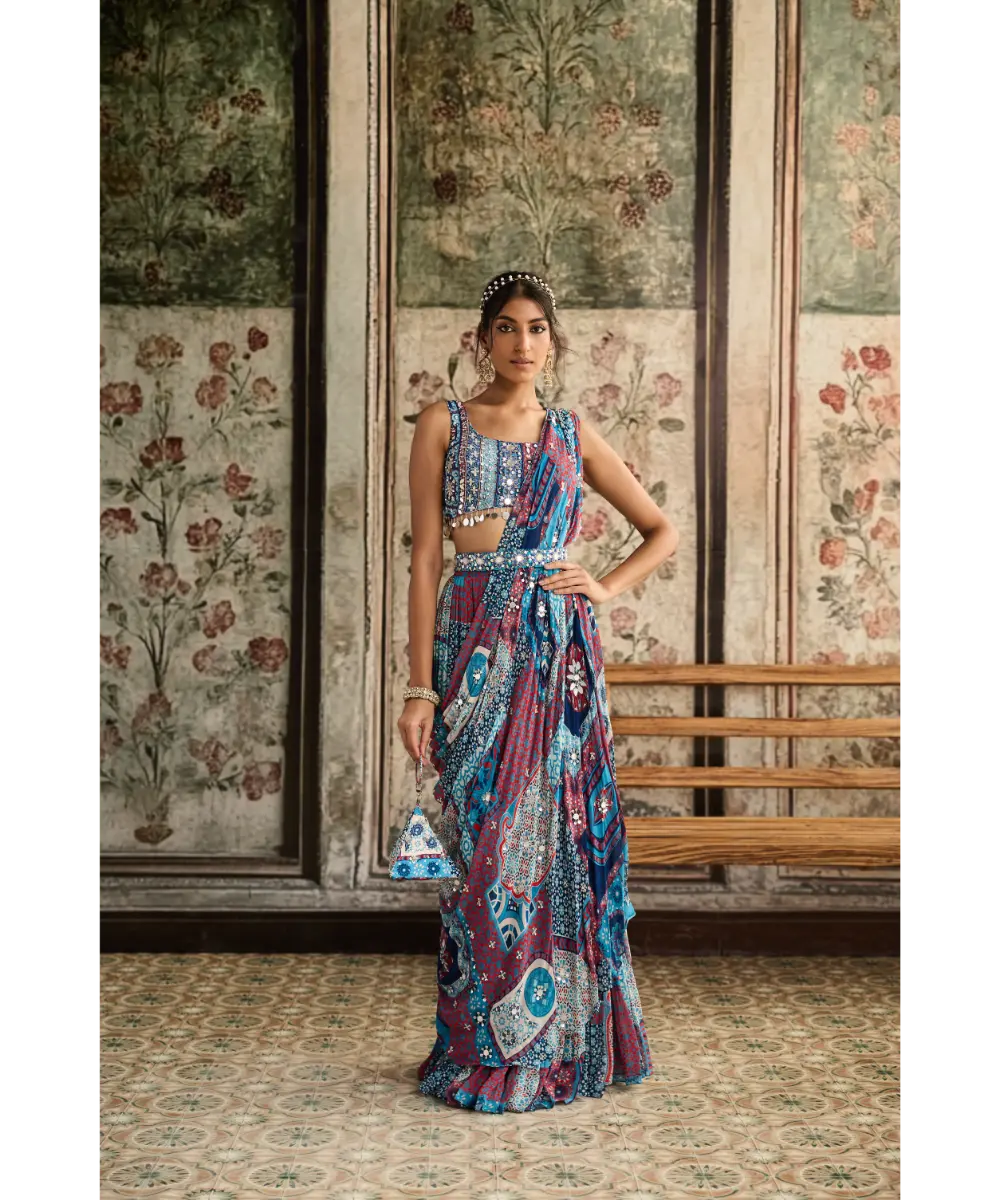 DIYARAJVVIR - Teal Print and Highlighted Square Neck Blouse with Tiered Skirt Saree Set