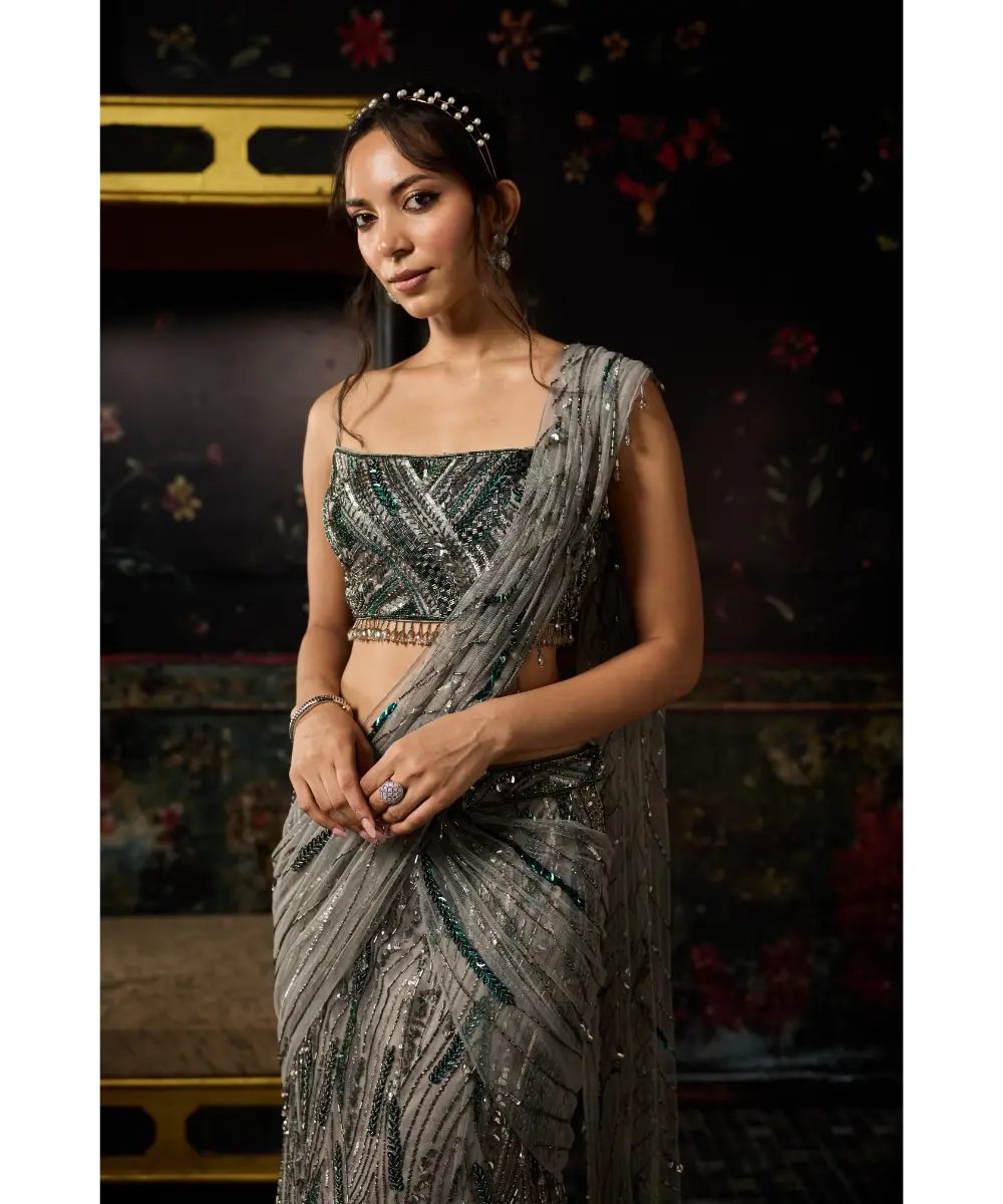 GREY EMBELLISHED MERMAID SKIRT SAREE SET
