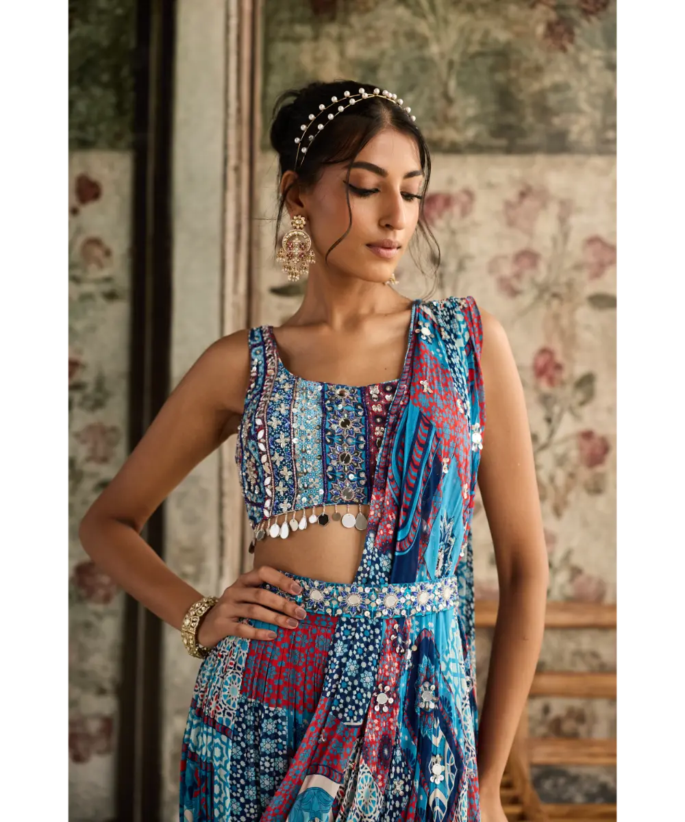 DIYARAJVVIR - Teal Print and Highlighted Square Neck Blouse with Tiered Skirt Saree Set