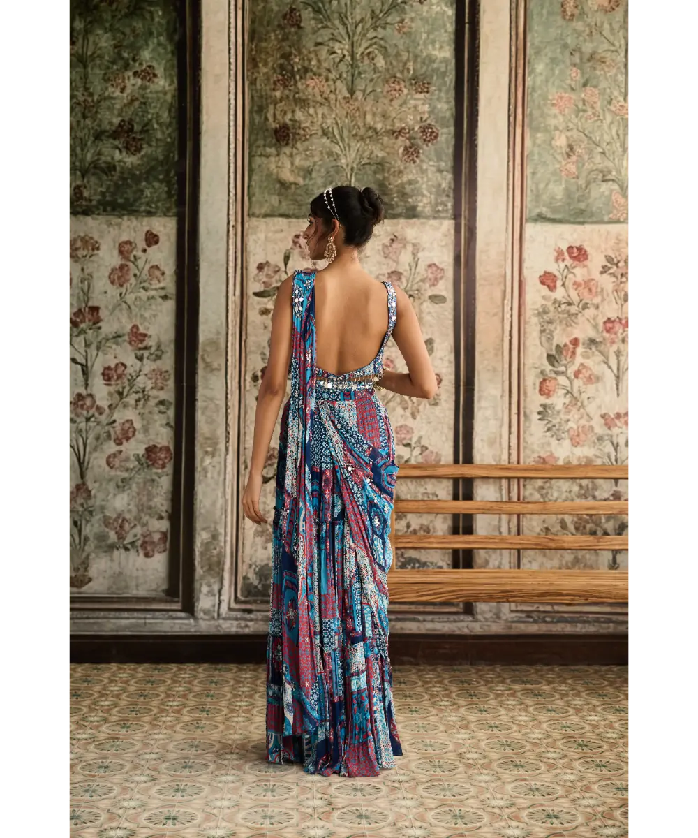 DIYARAJVVIR - Teal Print and Highlighted Square Neck Blouse with Tiered Skirt Saree Set