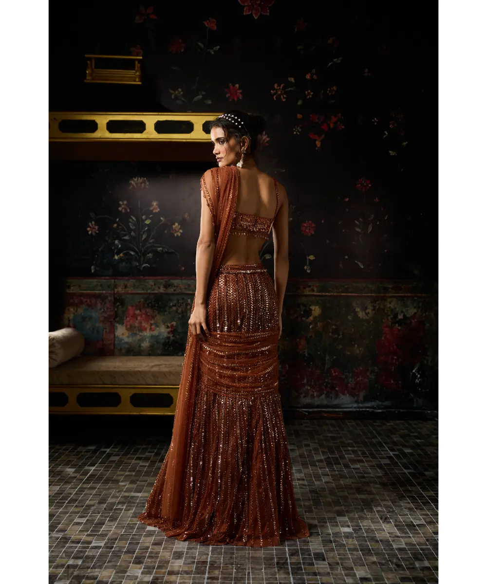 METALLIC RUST EMBELLISHED MERMAID SKIRT SAREE SET