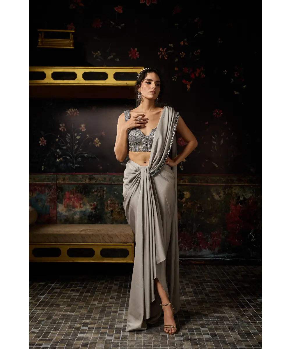 DIYARAJVVIR - GREY EMBELLISHED DRAPED SKIRT SAREE SET