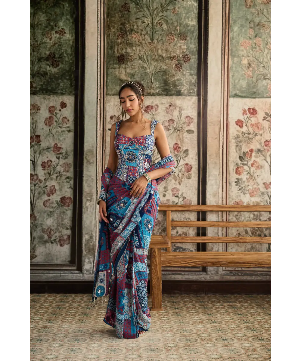 DIYARAJVVIR - Teal Print and Highlighted Corset Blouse with Pre-Draped Classic Saree Set
