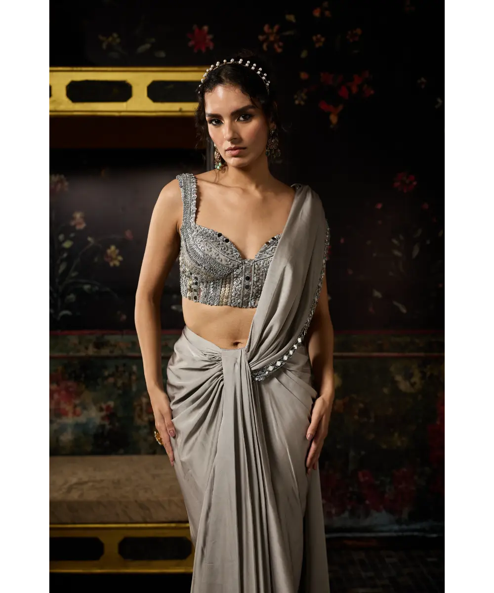 DIYARAJVVIR - GREY EMBELLISHED DRAPED SKIRT SAREE SET
