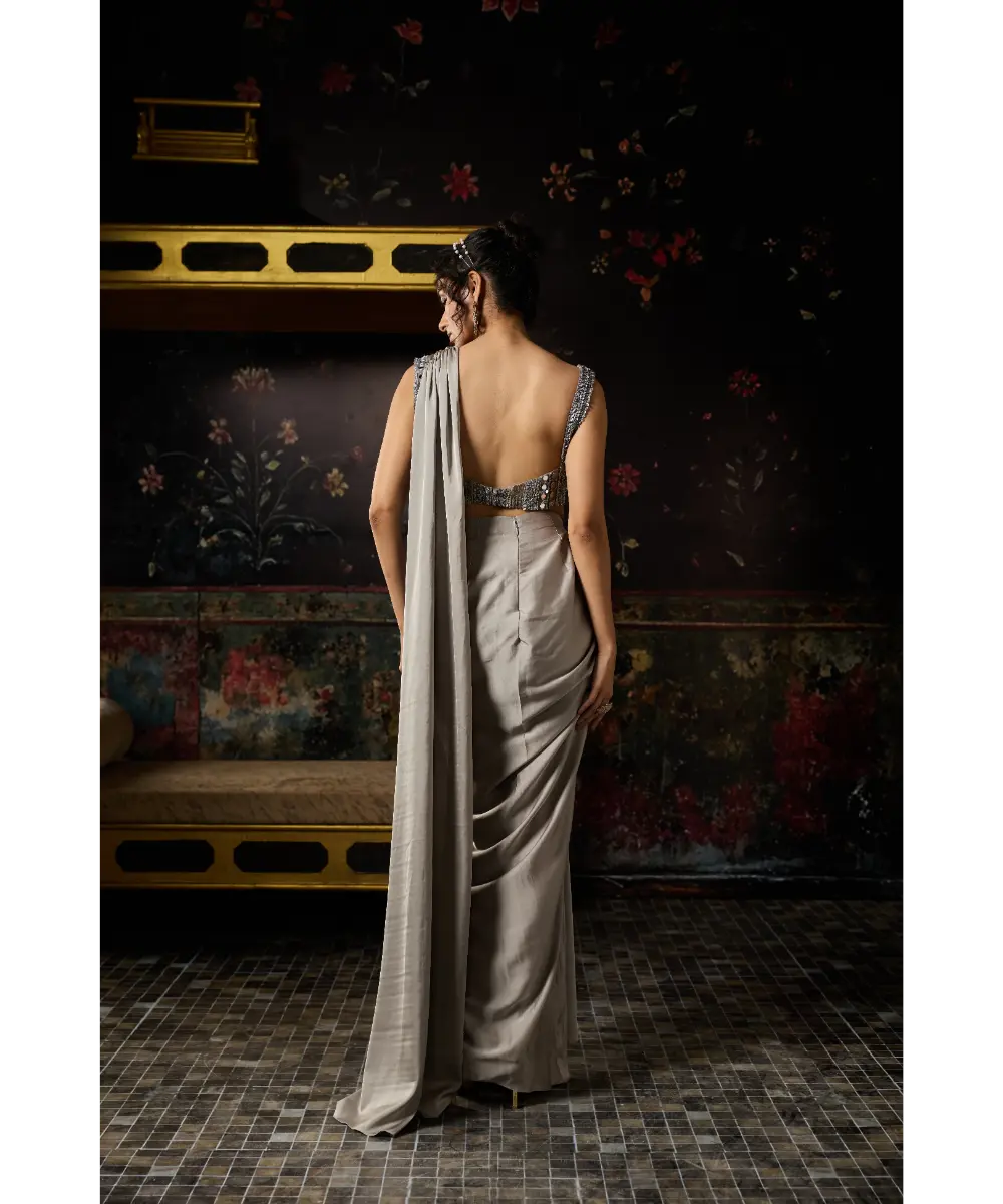 DIYARAJVVIR - GREY EMBELLISHED DRAPED SKIRT SAREE SET