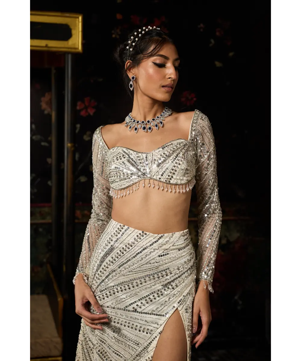 SILVER FULLY EMBELLISHED SLIT SKIRT SET