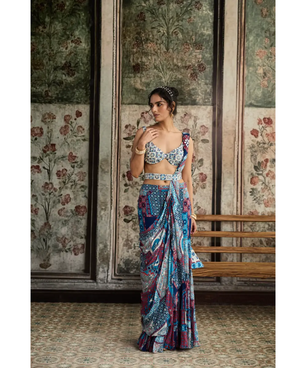 DIYARAJVVIR - Ivory Butta Print and Highlighted Blouse with Teal Print and Highlighted Gharara Saree Set