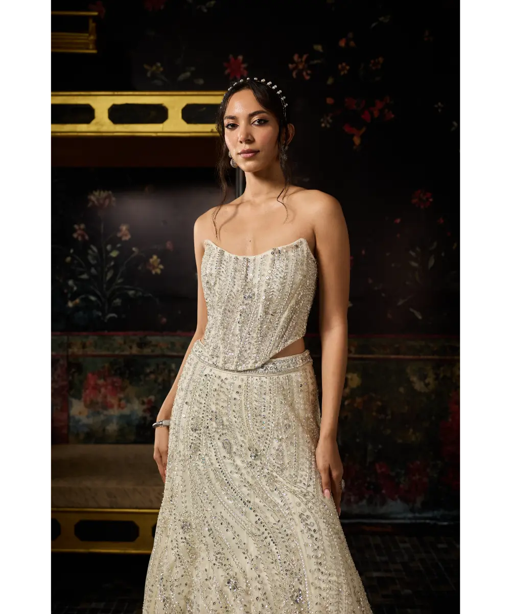 SILVER FULLY EMBELLISHED MERMAID LEHENGA TRAIL SET