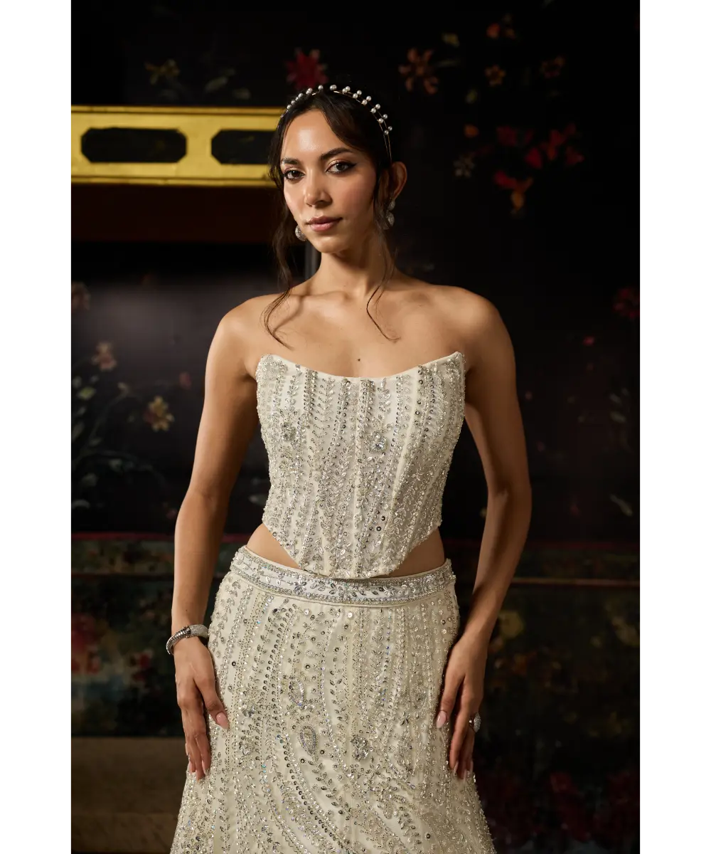 SILVER FULLY EMBELLISHED MERMAID LEHENGA TRAIL SET