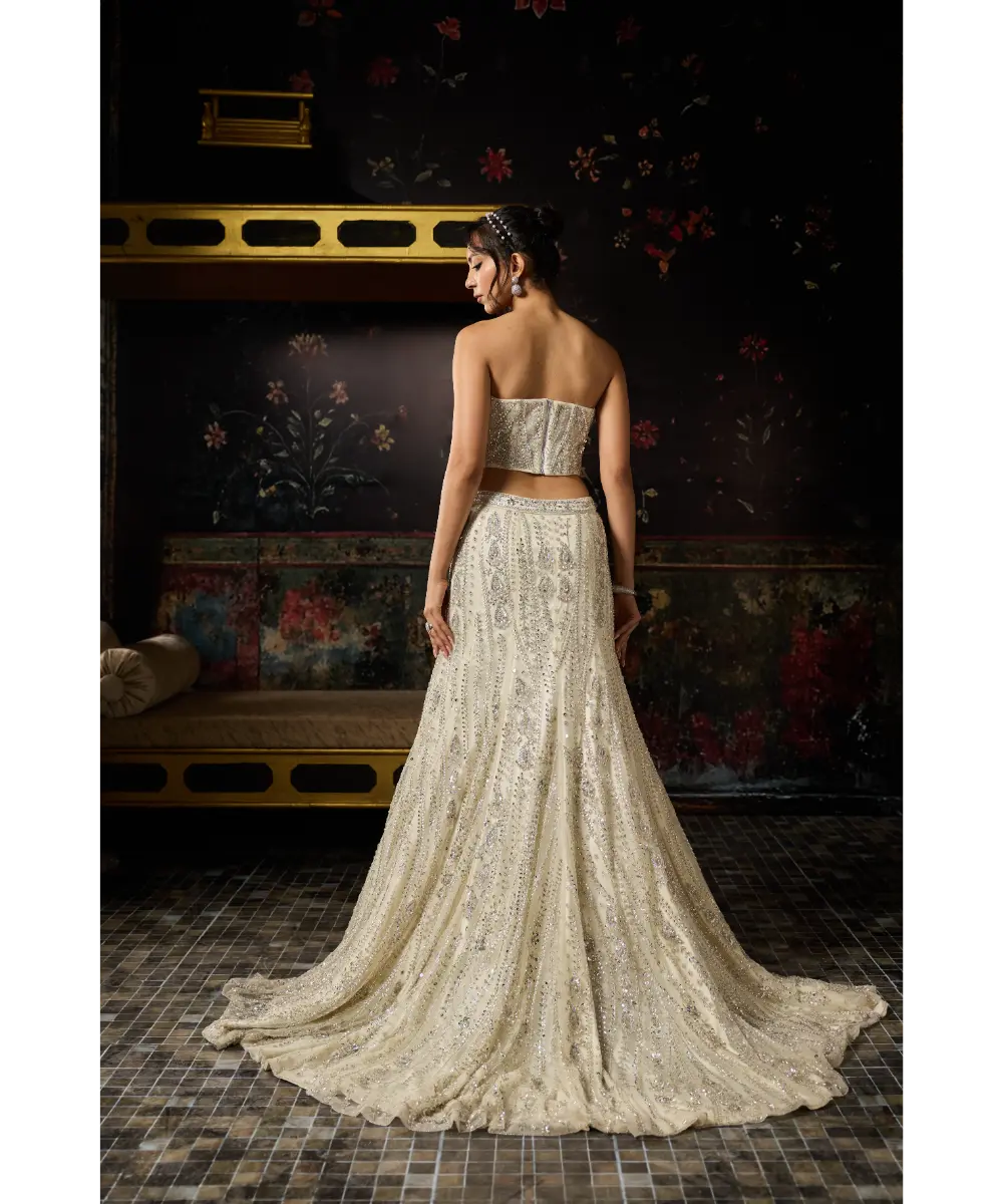 SILVER FULLY EMBELLISHED MERMAID LEHENGA TRAIL SET