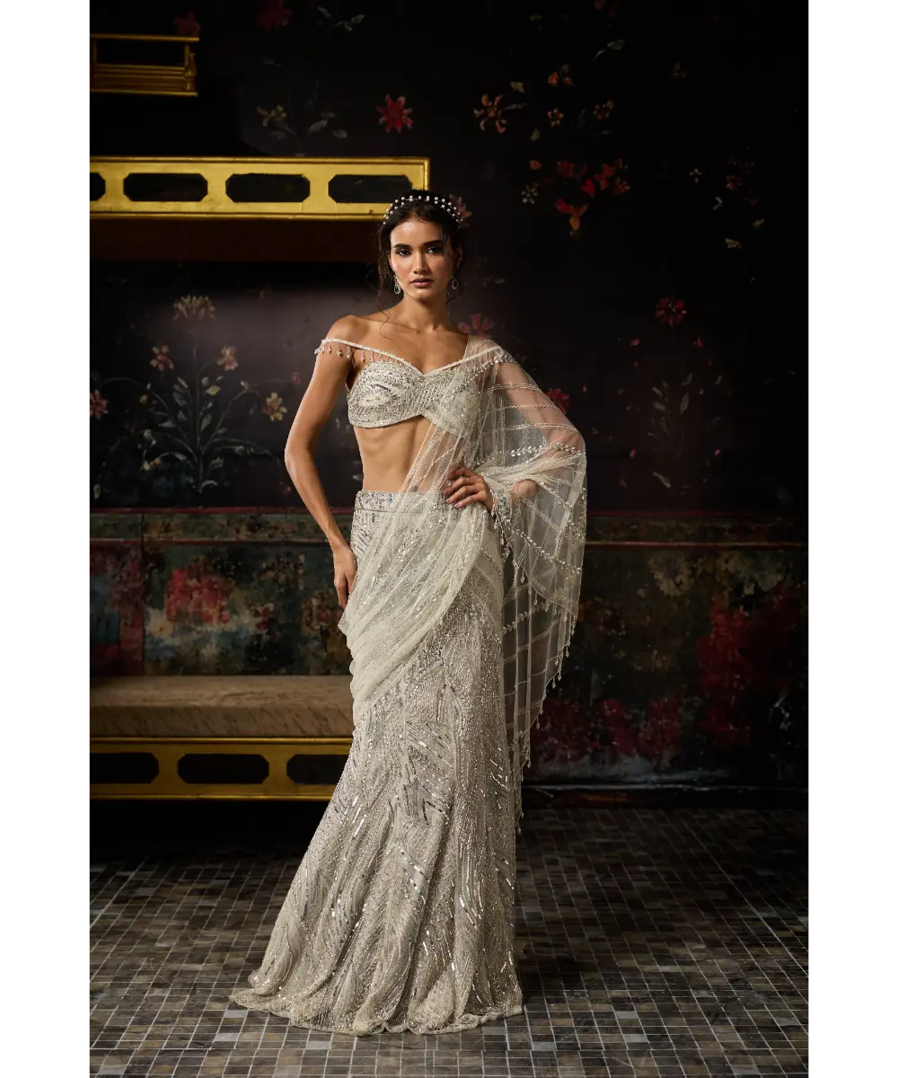 SILVER FULLY EMBROIDERED MERMAID SKIRT SAREE SET