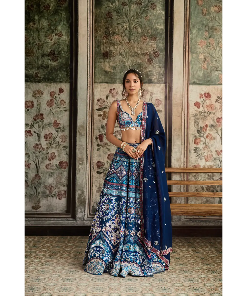 DIYARAJVVIR - Teal Print and Highlighted Lehenga Set