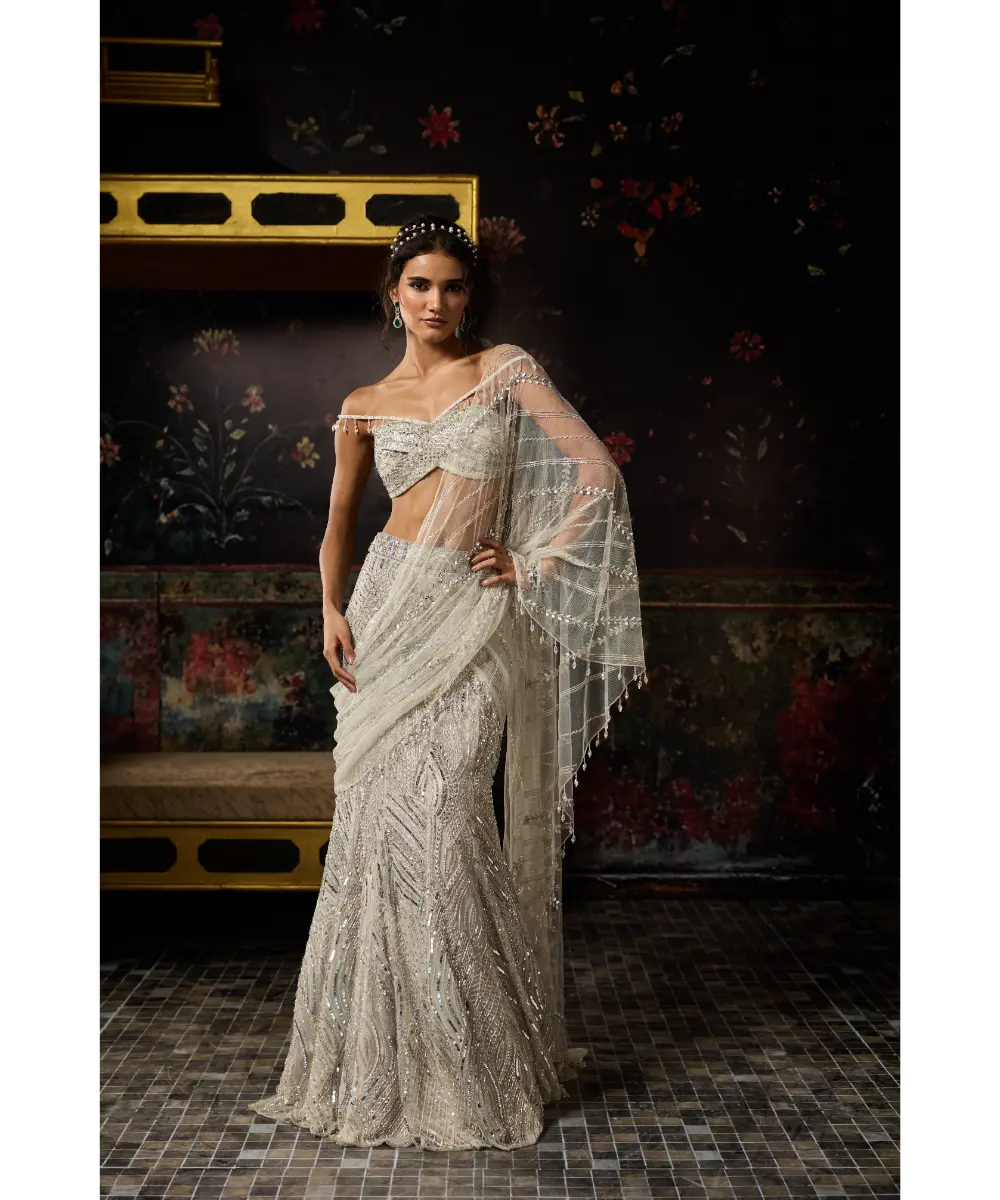 SILVER FULLY EMBROIDERED MERMAID SKIRT SAREE SET