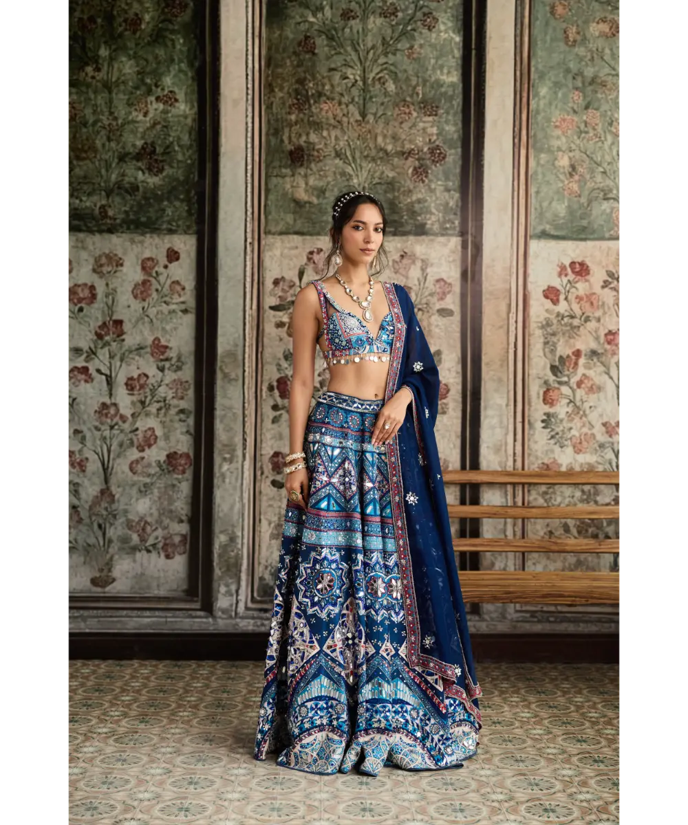 DIYARAJVVIR - Teal Print and Highlighted Lehenga Set