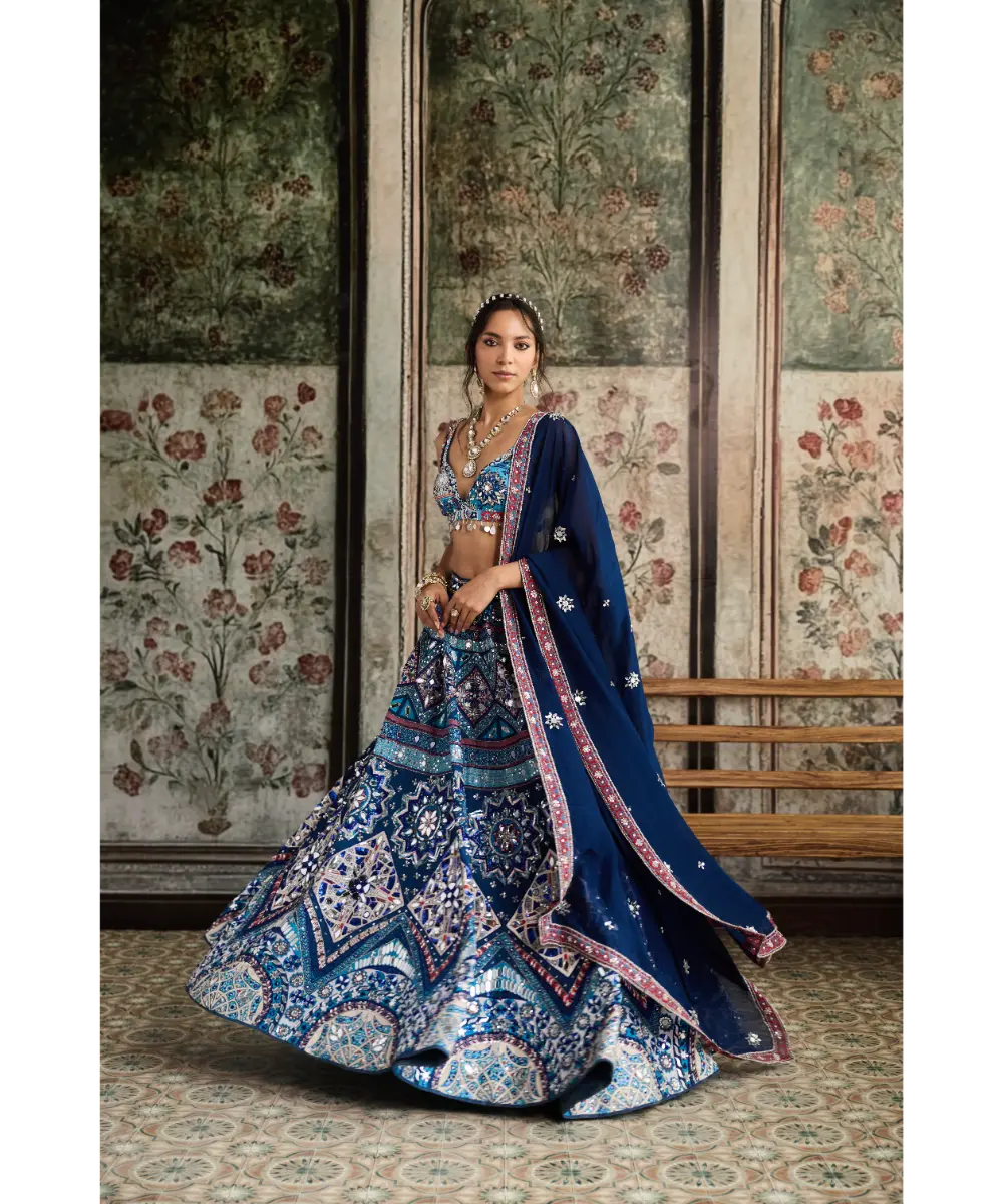 DIYARAJVVIR - Teal Print and Highlighted Lehenga Set
