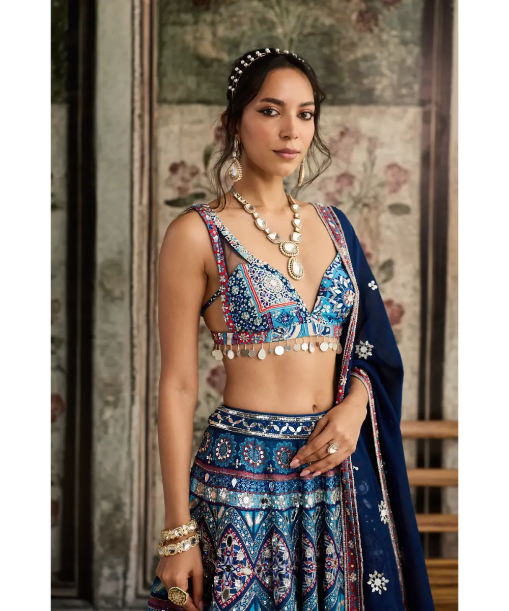DIYARAJVVIR - Teal Print and Highlighted Lehenga Set