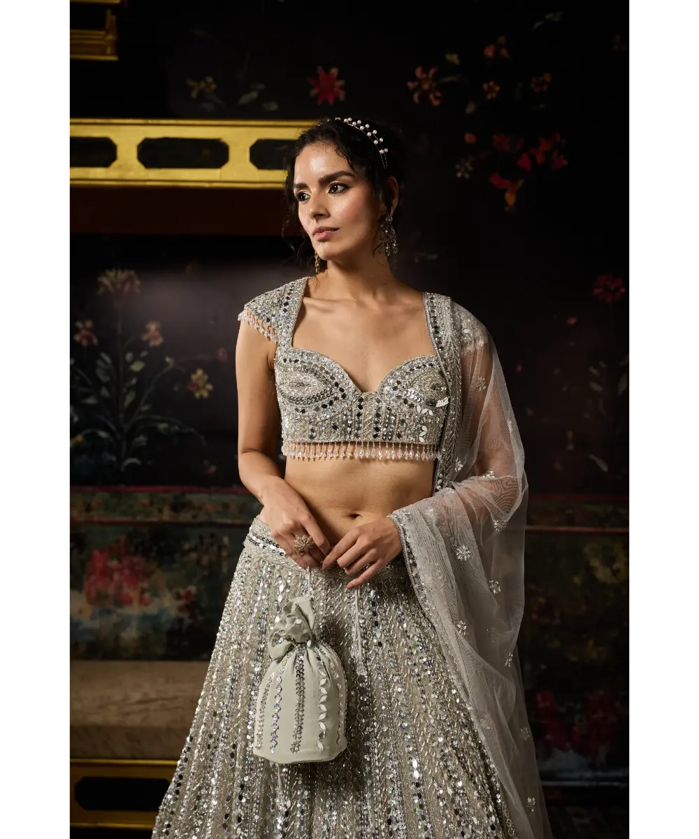SILVER EMBELLISHED MIRRORWORK LEHENGA SET