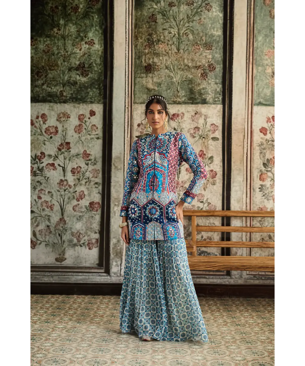 DIYARAJVVIR - Teal Print and Highlighted Jacket Set