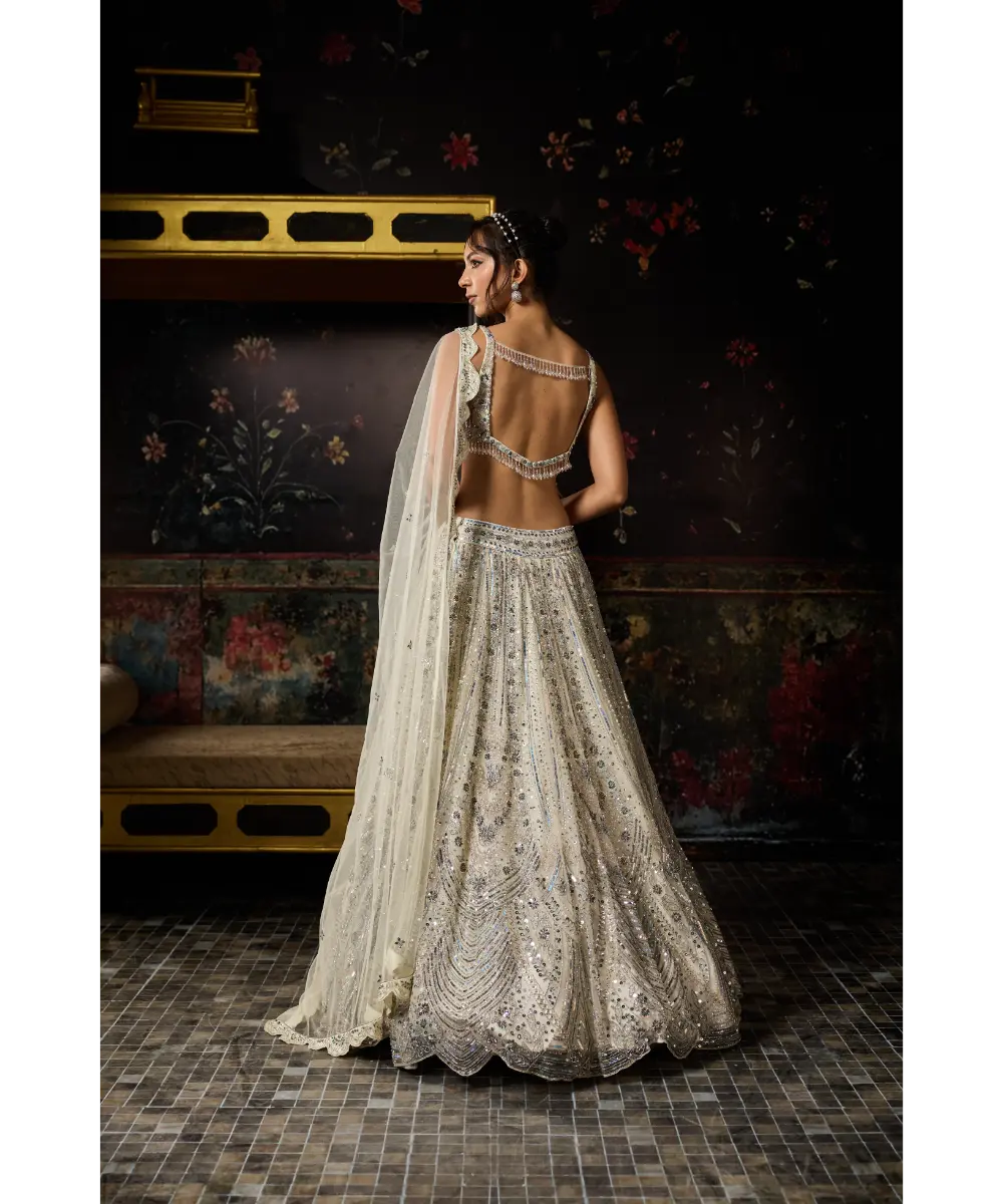 DIYARAJVVIR - IVORY FULLY EMBROIDERED SCALLOP LEHENGA SET