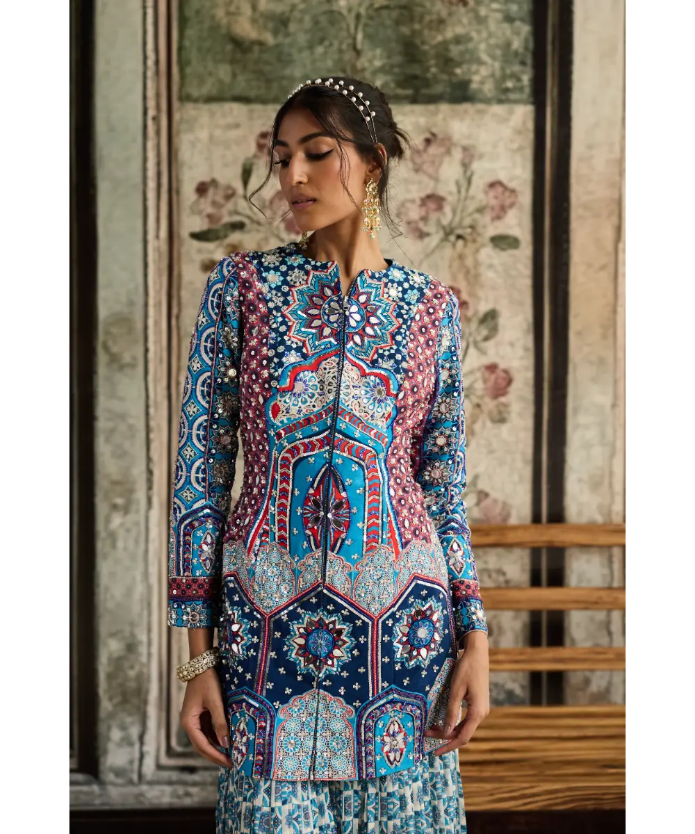 DIYARAJVVIR - Teal Print and Highlighted Jacket Set