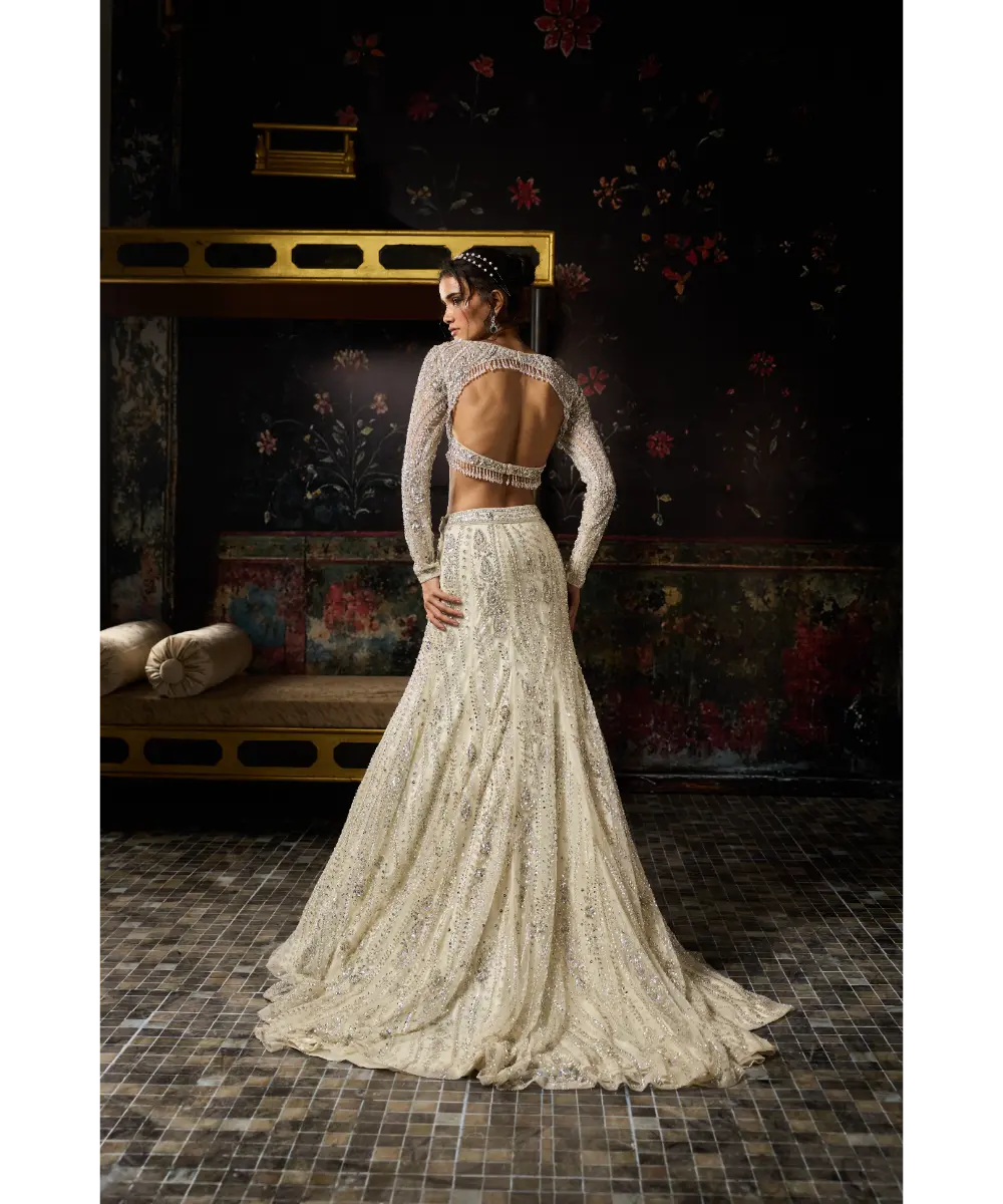 SILVER FULLY EMBELLISHED LONG TRAIL LEHENGA SET