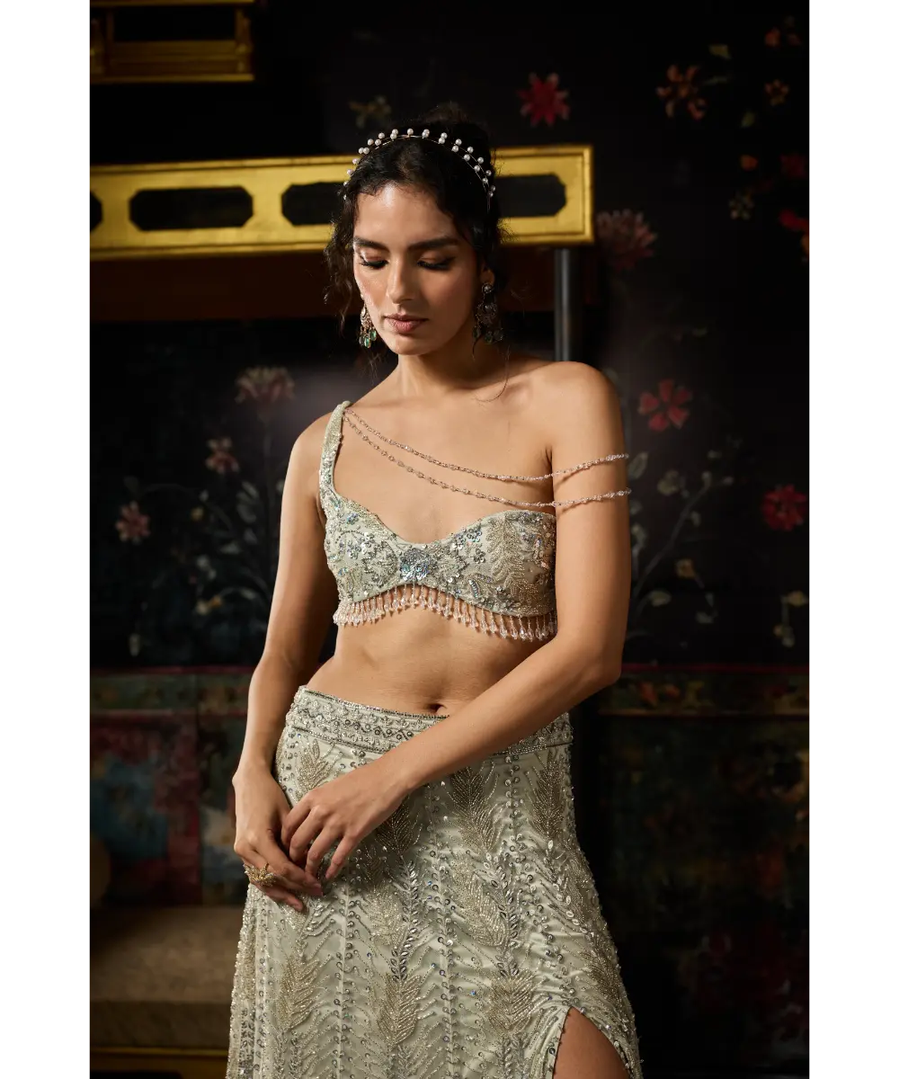 DIYARAJVVIR -  SILVER FULLY EMBELLISHED ASYMMETRICAL SLIT SKIRT SET