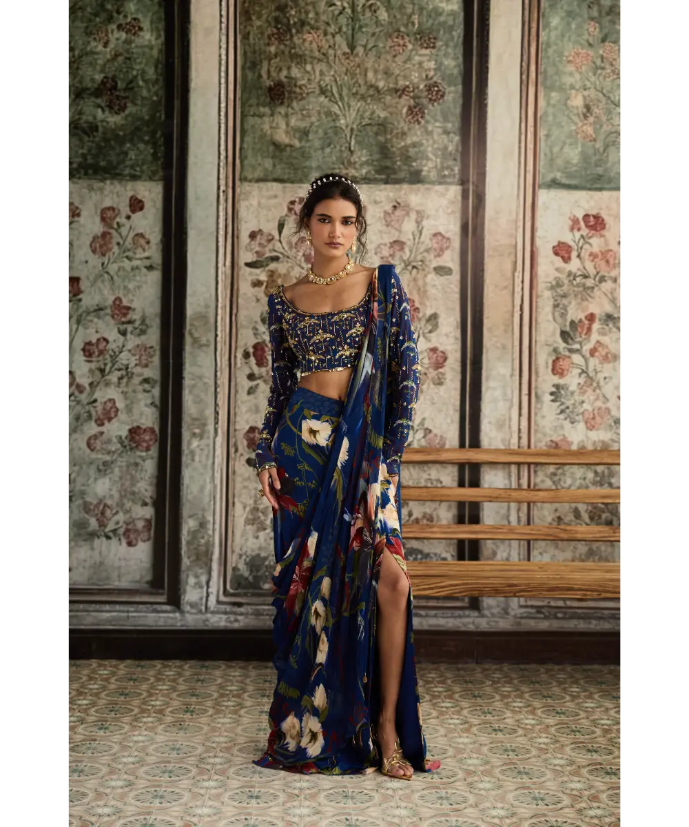 Blue Floral Printed Skirt Saree Set