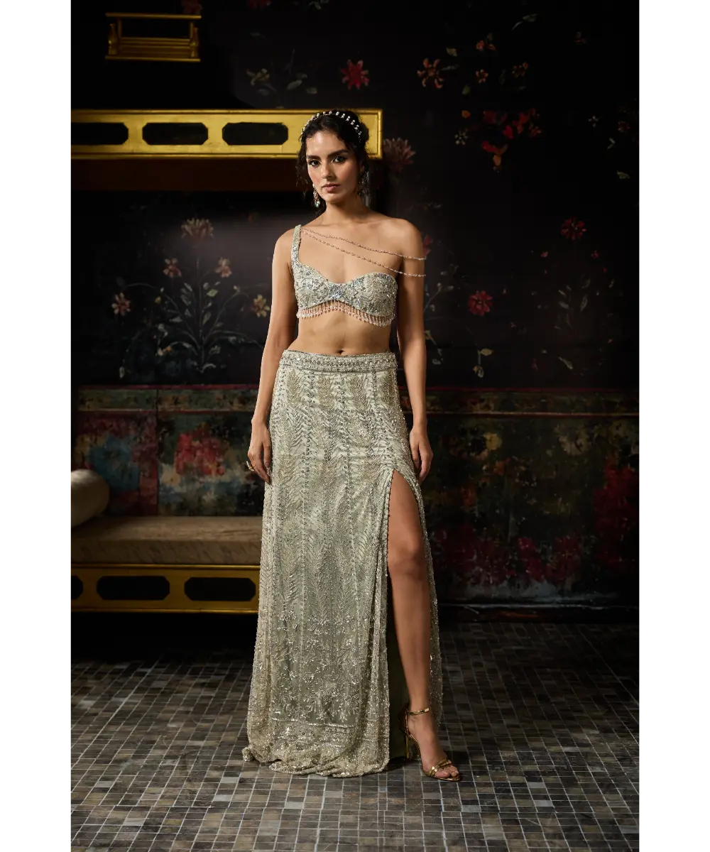 DIYARAJVVIR -  SILVER FULLY EMBELLISHED ASYMMETRICAL SLIT SKIRT SET