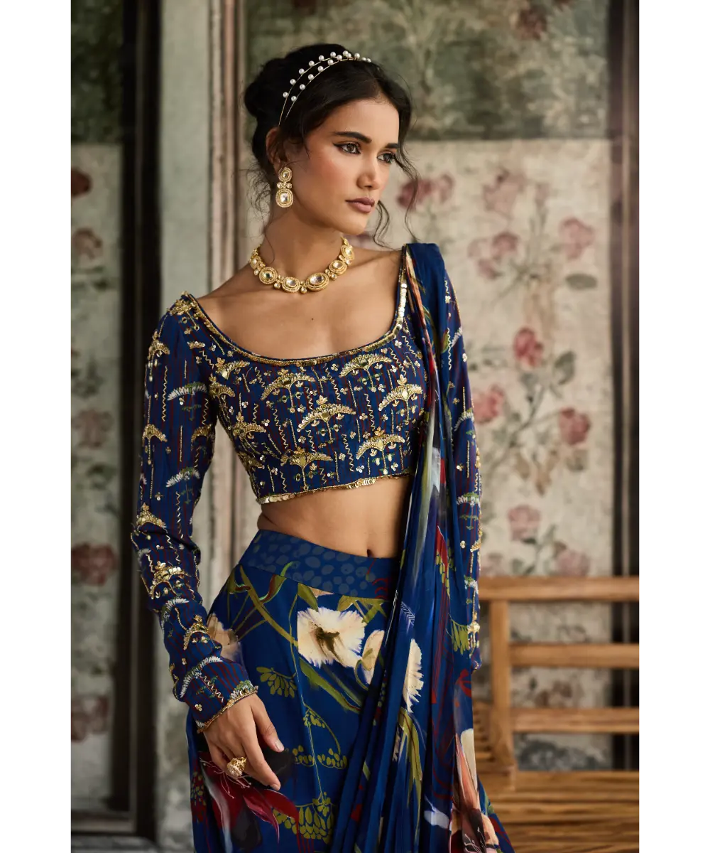 Blue Floral Printed Skirt Saree Set