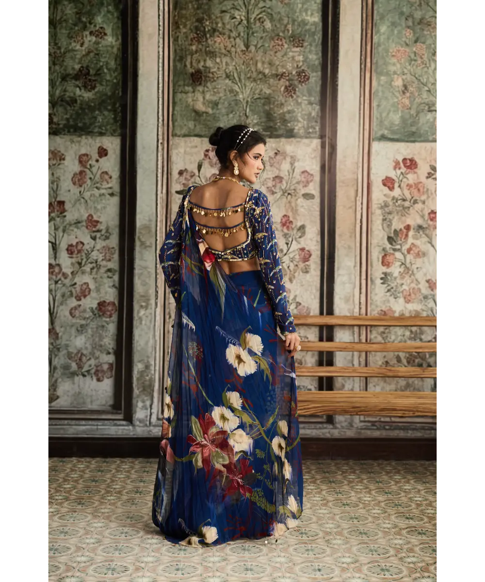 Blue Floral Printed Skirt Saree Set