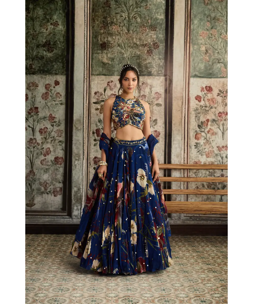 DIYARAJVVIR - Blue Floral Print and Highlighted Lehenga Set