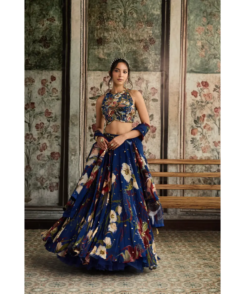 DIYARAJVVIR - Blue Floral Print and Highlighted Lehenga Set