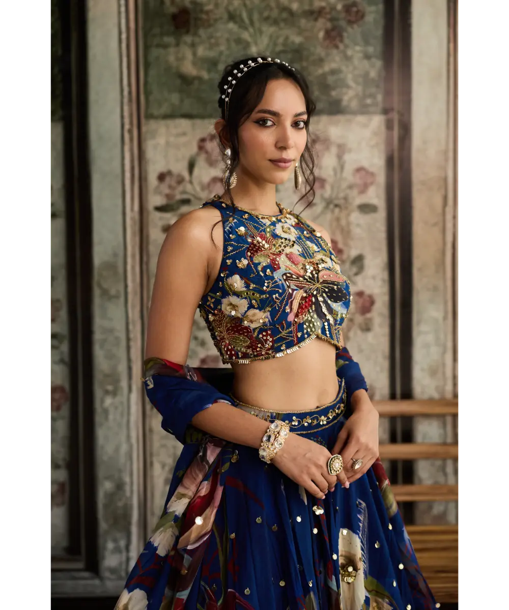 Blue Floral Print and Highlighted Lehenga Set