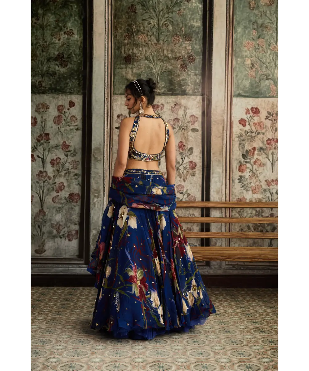 Blue Floral Print and Highlighted Lehenga Set