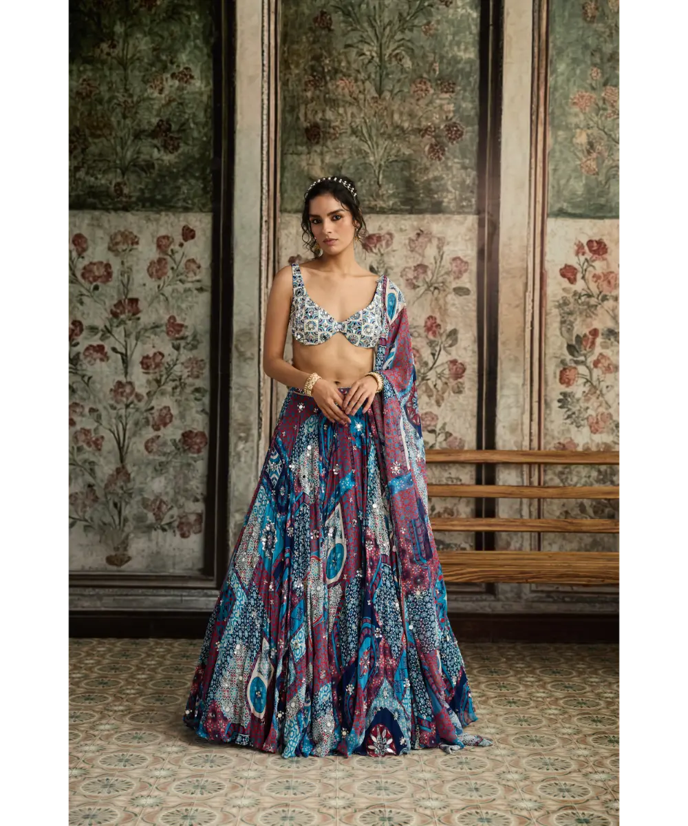 DIYARAJVVIR - Ivory Butta Print and Highlighted Blouse with Teal Print and Highlighted Lehenga Set