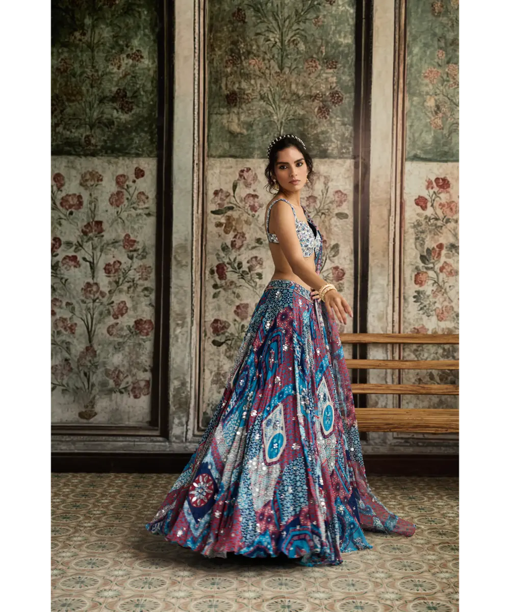 DIYARAJVVIR - Ivory Butta Print and Highlighted Blouse with Teal Print and Highlighted Lehenga Set