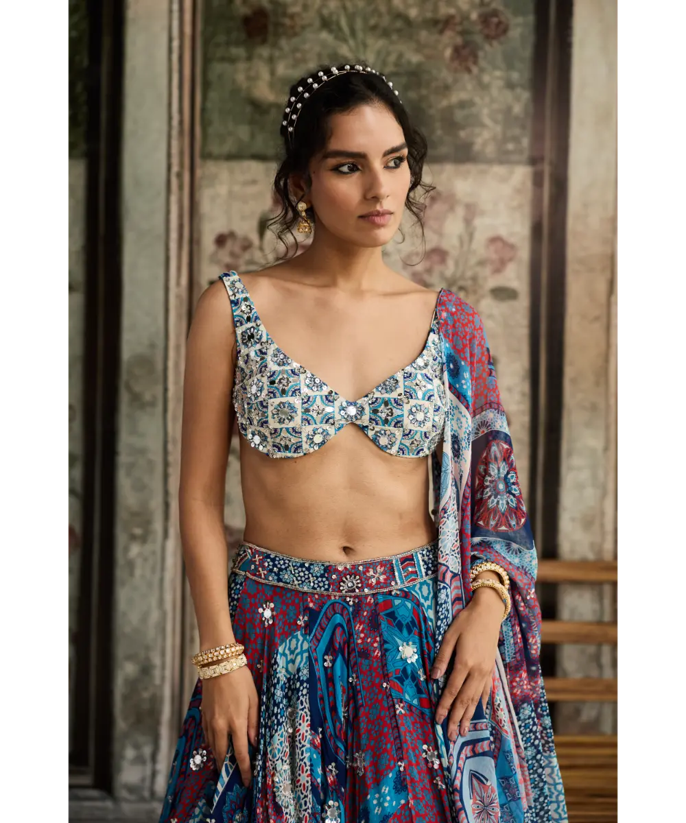 DIYARAJVVIR - Ivory Butta Print and Highlighted Blouse with Teal Print and Highlighted Lehenga Set