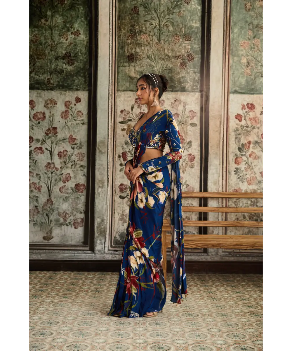 DIYARAJVVIR - Blue Floral Printed Skirt Saree Set