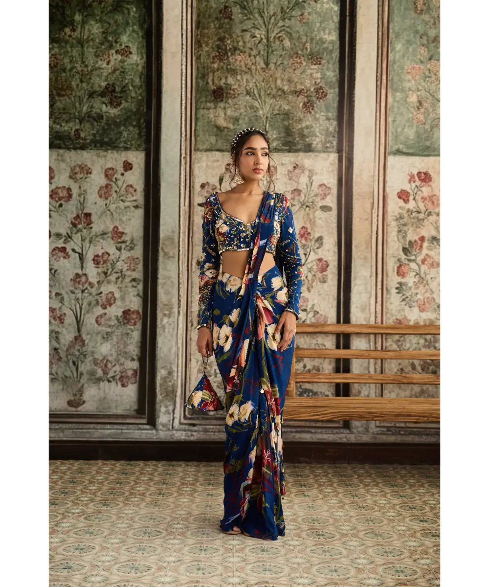 DIYARAJVVIR - Blue Floral Printed Skirt Saree Set