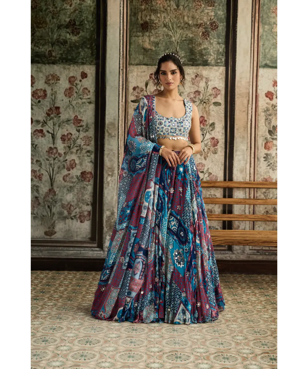 DIYARAJVVIR - Ivory Butta Print and Highlighted Blouse with Teal Print and Highlighted Lehenga Set