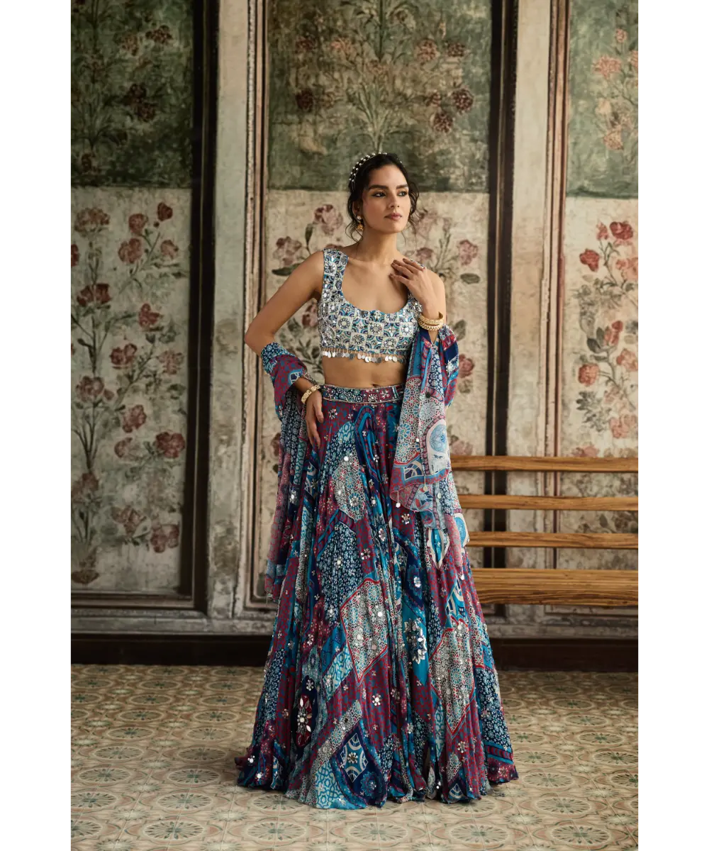 DIYARAJVVIR - Ivory Butta Print and Highlighted Blouse with Teal Print and Highlighted Lehenga Set