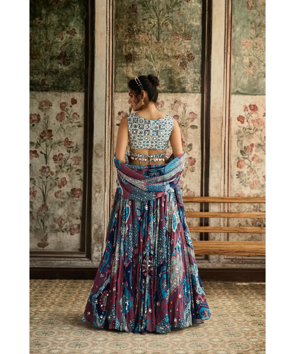 DIYARAJVVIR - Ivory Butta Print and Highlighted Blouse with Teal Print and Highlighted Lehenga Set