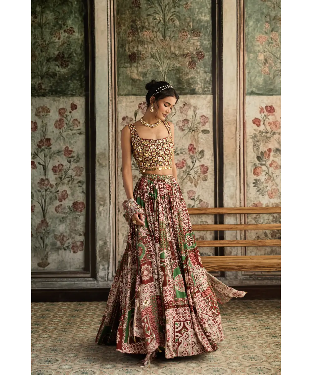 DIYARAJVVIR - Sage-Maroon Print and Highlighted Square Neck Blouse with Lehenga Set