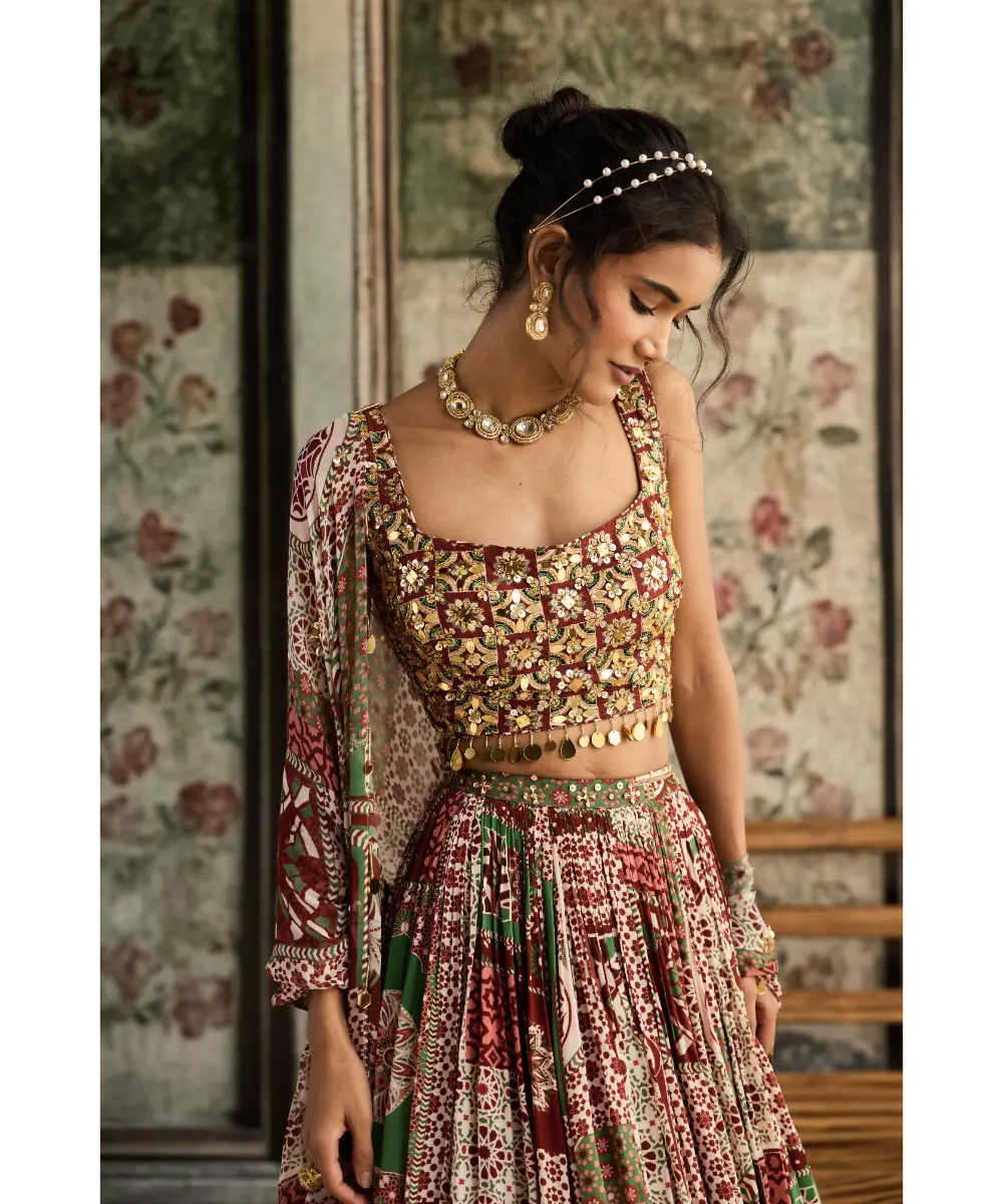 DIYARAJVVIR - Sage-Maroon Print and Highlighted Square Neck Blouse with Lehenga Set